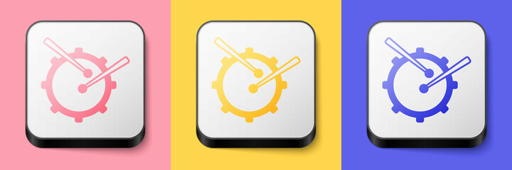 Isometric Drum with drum sticks icon isolated on pink, yellow and blue background. Music sign. Musical instrument symbol. Square button. Vector