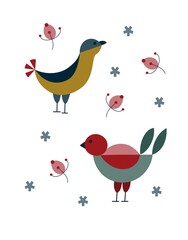 Scandinavian style, Birds, Winter, December, holiday, congratulations, forest, snow, New Year, festive decor, postcard, concept, clipart