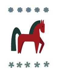 Winter, December, Horse, holiday, congratulations, forest, snow, New Year, festive decor, Scandinavian style, postcard, concept, clipart