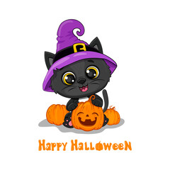 Halloween cat with pumpkin, Cute cartoon black kitten, halloween card.