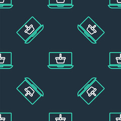 Line Shopping basket on screen laptop icon isolated seamless pattern on black background. Concept e-commerce, e-business, online business marketing. Vector