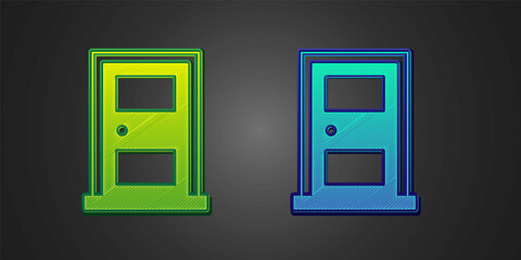 Green and blue Closed door icon isolated on black background. Vector