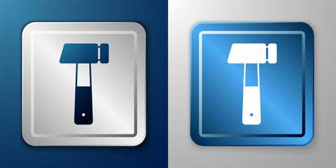 White Hammer icon isolated on blue and grey background. Tool for repair. Silver and blue square button. Vector