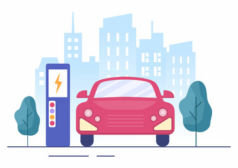 Charging Electric Car Batteries with the Concept of Charger and Cable Plugs that use Green Environment, Ecology, Sustainability or Clean Air. Vector illustration