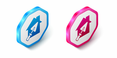 Isometric House or home with trowel icon isolated on white background. Adjusting, service, setting, maintenance, repair, fixing. Hexagon button. Vector