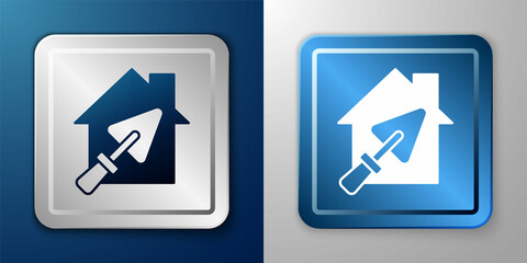 White House or home with trowel icon isolated on blue and grey background. Adjusting, service, setting, maintenance, repair, fixing. Silver and blue square button. Vector