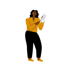 African American woman holding a paper in her hands. Office worker. Vector flat illustration