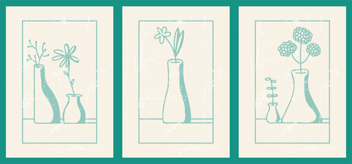 A set of three abstract minimalistic aesthetic floral illustrations. Light green silhouettes of plants on a light background. Modern vector posters for social networks, web design, interiors. 
