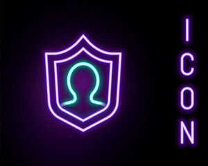 Naklejka na ściany i meble Glowing neon line Life insurance with shield icon isolated on black background. Security, safety, protection, protect concept. Colorful outline concept. Vector