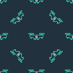 Line Drone flying icon isolated seamless pattern on black background. Quadrocopter with video and photo camera symbol. Vector