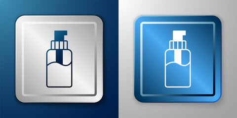 White Bottle of liquid antibacterial soap with dispenser icon isolated on blue and grey background. Disinfection, hygiene, skin care concept. Silver and blue square button. Vector