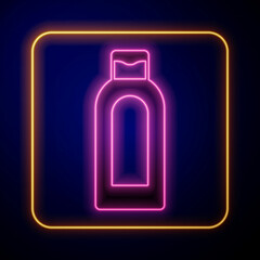 Glowing neon Bottle of shampoo icon isolated on black background. Vector