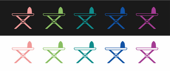 Set Electric iron and ironing board icon isolated on black and white background. Steam iron. Vector