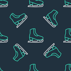 Line Skates icon isolated seamless pattern on black background. Ice skate shoes icon. Sport boots with blades. Vector