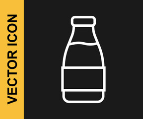 White line Closed glass bottle with milk icon isolated on black background. Vector
