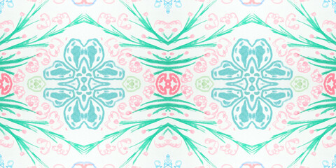 Seamless flower folk pattern. Abstract ethnic print. Watercolor batik background.