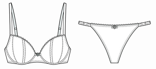 women full cup bra and panty vector drawn template