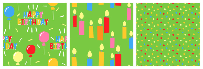 Naklejka premium Kids Birthday colorful vector seamless pattern set with polka dot, candles and balloon green designs.