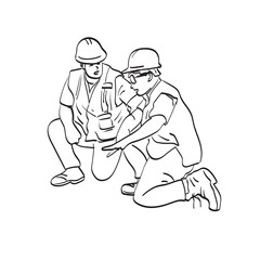 two construction workers talking in hard hats illustration vector isolated on white background line art.