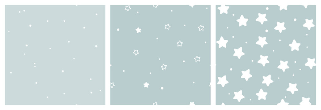 Star seamless pattern set for baby boy clothing, textile or wallpaper. Neutral designs in greyish blue and white soft colors 