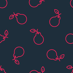 Red line Pear icon isolated seamless pattern on black background. Fruit with leaf symbol. Vector