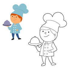 coloring book. color it according to the pattern. cartoon illustration of a cook in the kitchen, vector