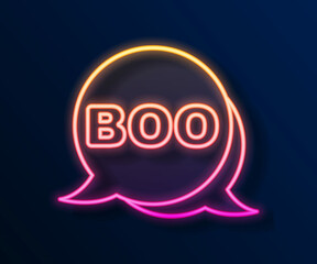 Glowing neon line Boo speech bubble icon isolated on black background. Happy Halloween party. Vector