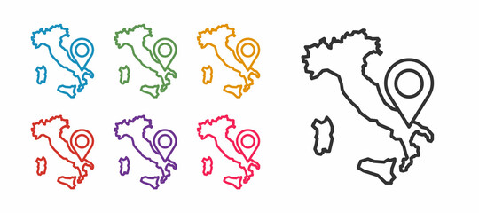 Set line Map of Italy icon isolated on white background. Set icons colorful. Vector