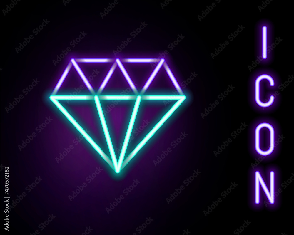 Sticker Glowing neon line Diamond icon isolated on black background. Jewelry symbol. Gem stone. Colorful outline concept. Vector