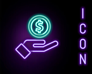Glowing neon line Human hand giving money icon isolated on black background. Receiving money icon. Colorful outline concept. Vector