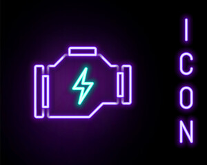 Glowing neon line Check engine icon isolated on black background. Colorful outline concept. Vector