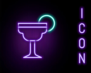Glowing neon line Margarita cocktail glass with lime icon isolated on black background. Colorful outline concept. Vector