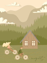 August summer landscape with people on bicycles. Calendar vector illustration with mountains view