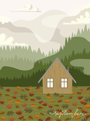 September wooden cabin with fallen leaves on mountain view vector illustration