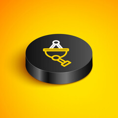 Isometric line Satellite dish icon isolated on yellow background. Radio antenna, astronomy and space research. Black circle button. Vector