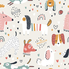 Dogs seamless pattern. Cute animals in simple naive hand-drawn Scandinavian trendy cartoon style. Ideal for a nursery, baby clothes, textiles, packaging. Vector background.