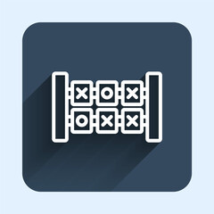 White line Education logic game for preschool kids icon isolated with long shadow background. Kids activity sheet. Count the number of cubes. Blue square button. Vector