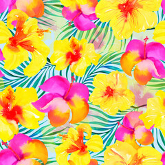Colorful tropical print on a blue background, seamless floral pattern, watercolor Hawaiian hibiscus flowers and coconut leaves. 
