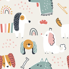 Dogs seamless pattern. Cute animals in simple naive hand-drawn Scandinavian trendy cartoon style. Ideal for a nursery, baby clothes, textiles, packaging. Vector background.