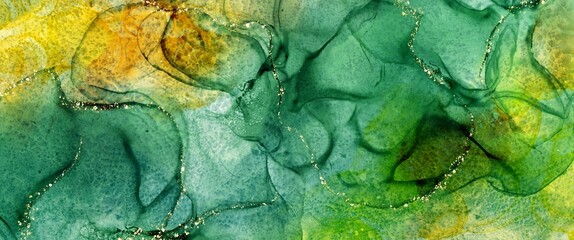 Alcohol ink background with green and yellow accent, mix of colours, hand drawn art illustration, trendy, elegant abstract, wallpaper for printed materials	
