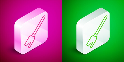 Isometric line Witches broom icon isolated on pink and green background. Happy Halloween party. Silver square button. Vector