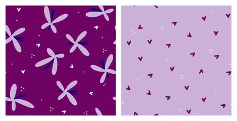 Fototapeta na wymiar Spring butterfly seamless pattern set. Romantic vector repeat design fo baby or toddler girl fabric print in pastel lilac and white colors.