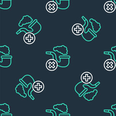 Line Smoking pipe with smoke icon isolated seamless pattern on black background. Tobacco pipe. Vector