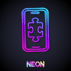 Glowing neon line Smartphone and playing in game icon isolated on black background. Mobile gaming concept. Vector