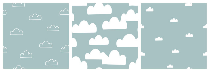 Cloud, blue sky vector seamless pattern set for baby bedding textile, poster background or wallpaper. - obrazy, fototapety, plakaty