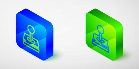 Isometric line Joystick for arcade machine icon isolated on grey background. Joystick gamepad. Blue and green square button. Vector