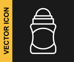 White line Antiperspirant deodorant roll icon isolated on black background. Cosmetic for body hygiene. Vector
