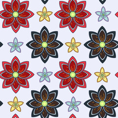 Fototapeta na wymiar Seamless pattern with flat red, dark, yellow, blue flower. Design for print screen backdrop ,Fabric and tile wallpaper.