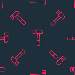 Red line Hammer icon isolated seamless pattern on black background. Tool for repair. Vector