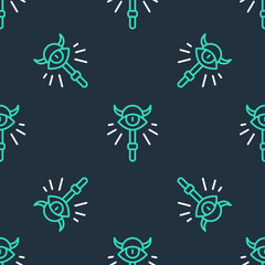 Line Magic staff icon isolated seamless pattern on black background. Magic wand, scepter, stick, rod. Vector